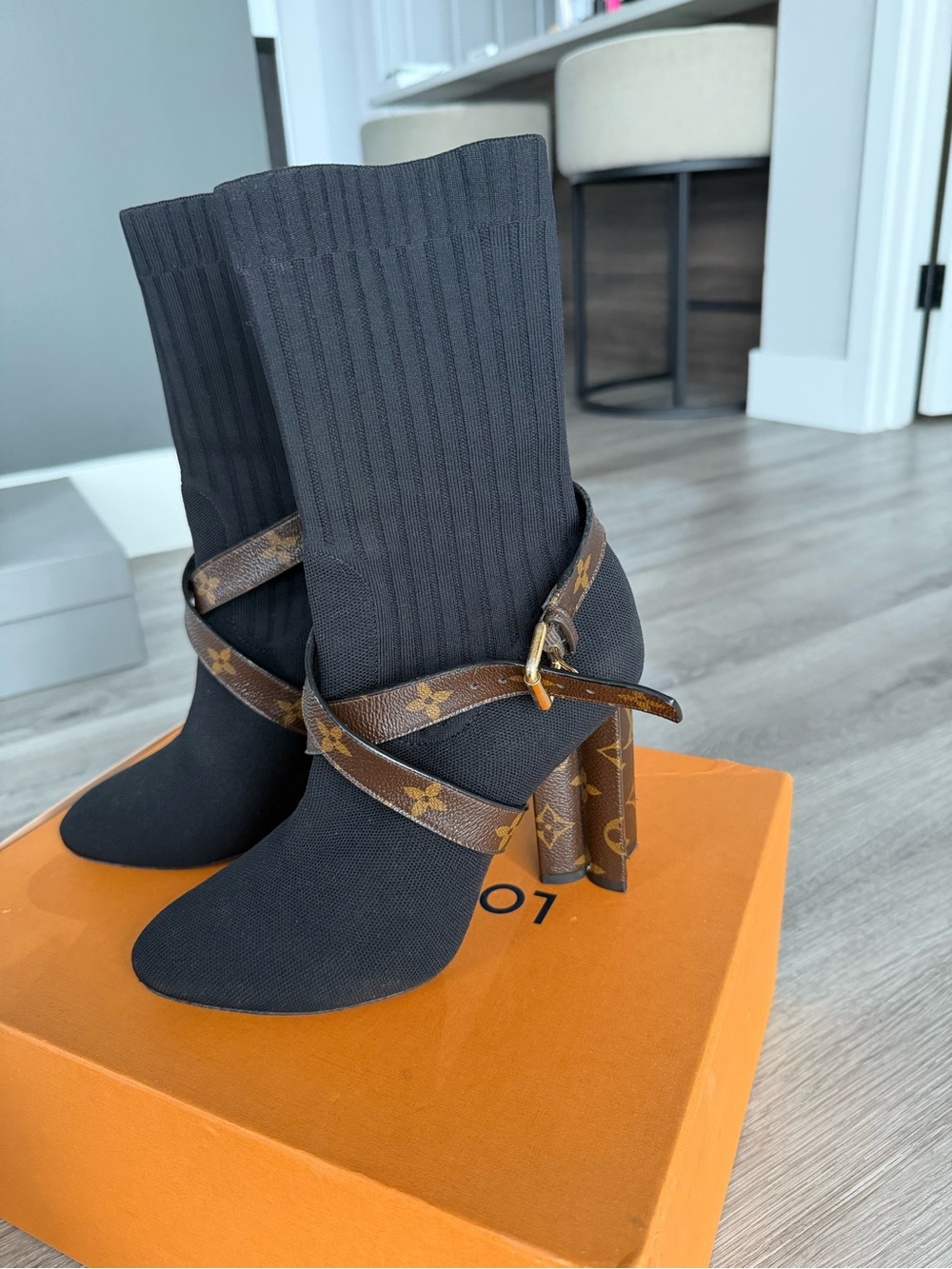 Louis Vuitton Black Sock Boot with Brown Monogram Strap